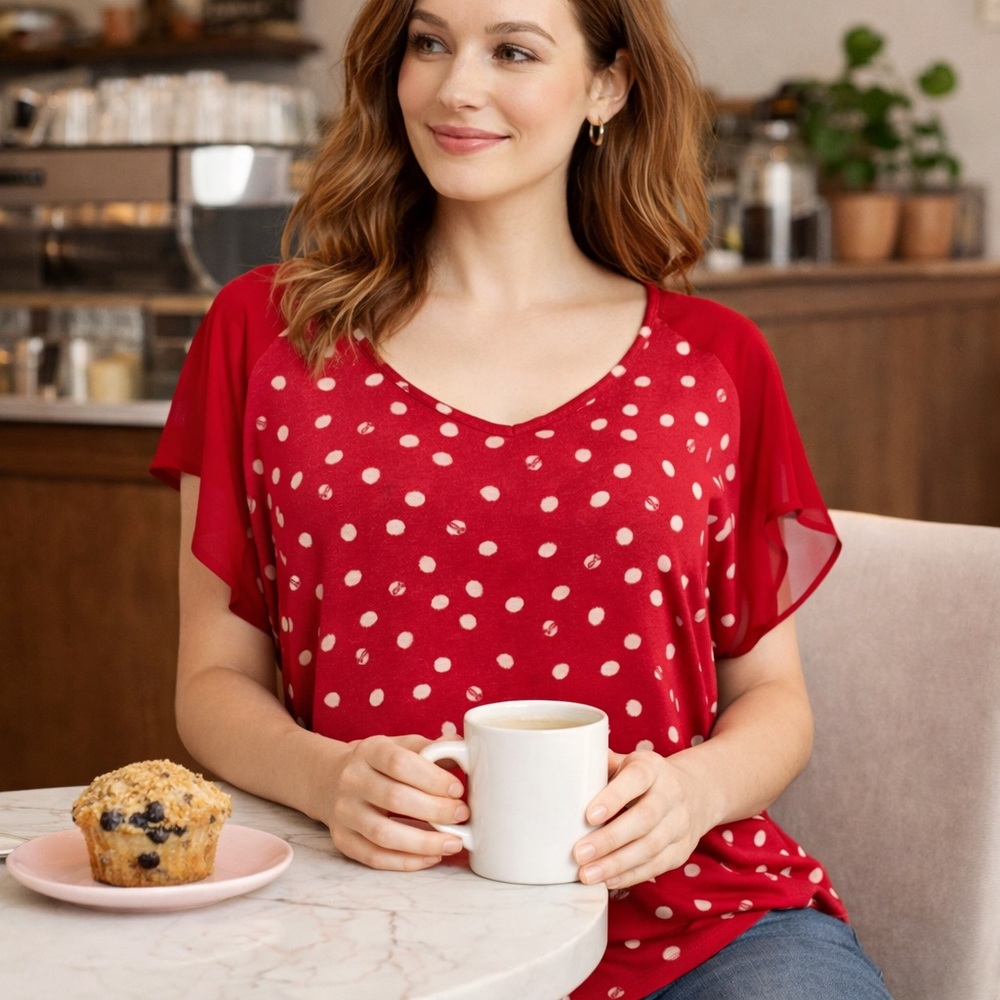 LC Lauren Conrad Red Polka Dot Blouse | Sheer Flutter Sleeves